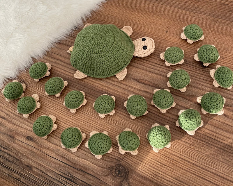 Handmade crochet turtle matching colors toy and memory game set. Includes a large turtle and small color-matching pieces for educational play. Customizable with a name on a leather label.