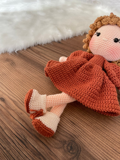 Crochet Brick Color Dressed Curly Girl Doll | Amigurumi Brick Color Dressed Curly Girl Toy