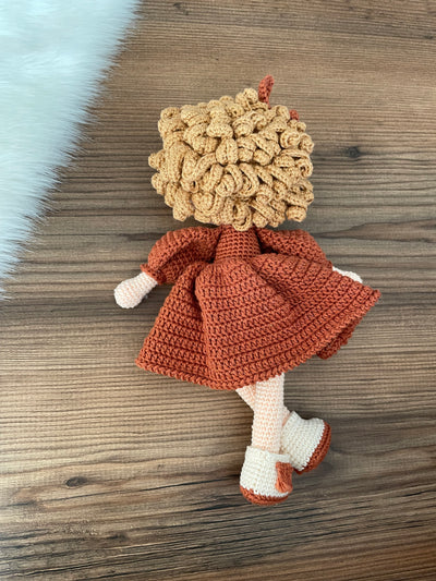 Crochet Brick Color Dressed Curly Girl Doll | Amigurumi Brick Color Dressed Curly Girl Toy