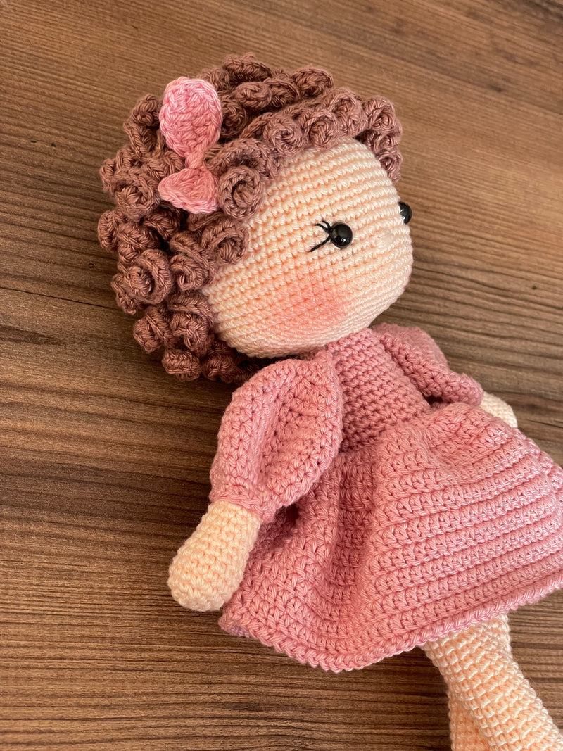 Crochet Pink Dressed Curly Girl Doll | Amigurumi Pink Dressed Curly Girl Toy