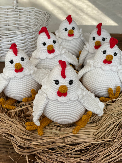 Handmade crocheted Chicken Toys with a cute and detailed design, featuring a red comb and yellow feet. This amigurumi toy is customizable with a name on a leather label, making it a perfect farm-themed nursery decor and personalized gift.