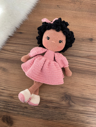 Crochet Pink Dressed Afro-American Curly Girl Doll | Amigurumi Pink Dressed Afro-American Curly Girl Toy