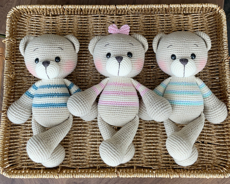 Handmade crocheted Pink/Blue/Green Striped Teddy Bear Toy, customizable with a name on a leather label. These bears are soft and cuddly, made using amigurumi techniques. Perfect for kids, nurseries, or as a personalized gift.