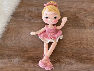 Handmade crocheted Ballerina Girl Doll in ballet attire, customizable with a name on a leather label. Perfect personalized gift for children and ballet lovers.