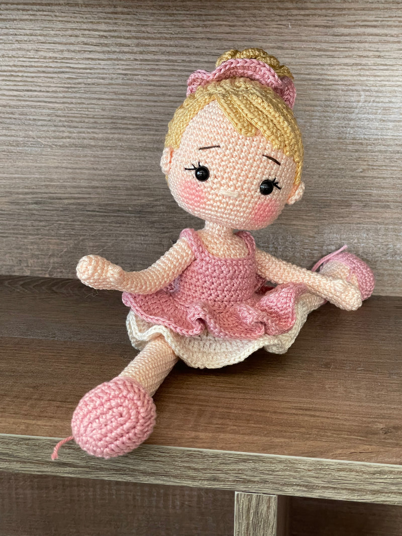 Handmade crocheted Ballerina Girl Doll in ballet attire, customizable with a name on a leather label. Perfect personalized gift for children and ballet lovers.