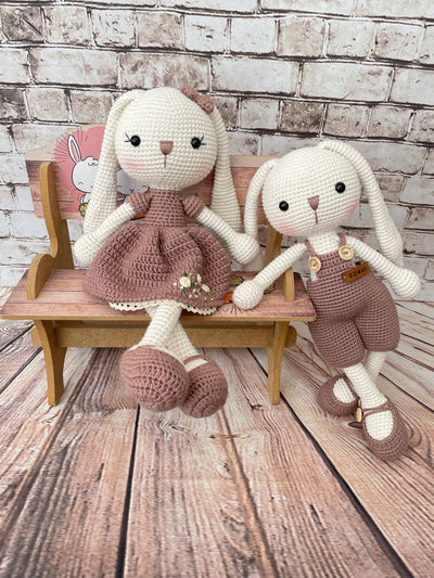 Handmade mink color bunny rabbit couple, crocheted using the amigurumi technique, with custom names on leather labels, a perfect gift for bunny lovers or pairs.