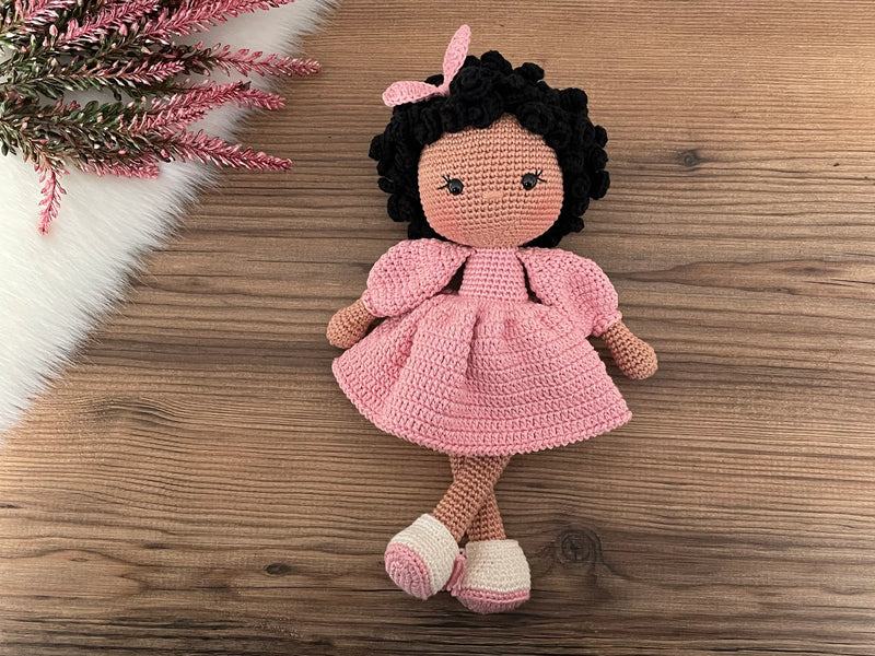 Crochet Pink Dressed Afro-American Curly Girl Doll | Amigurumi Pink Dressed Afro-American Curly Girl Toy