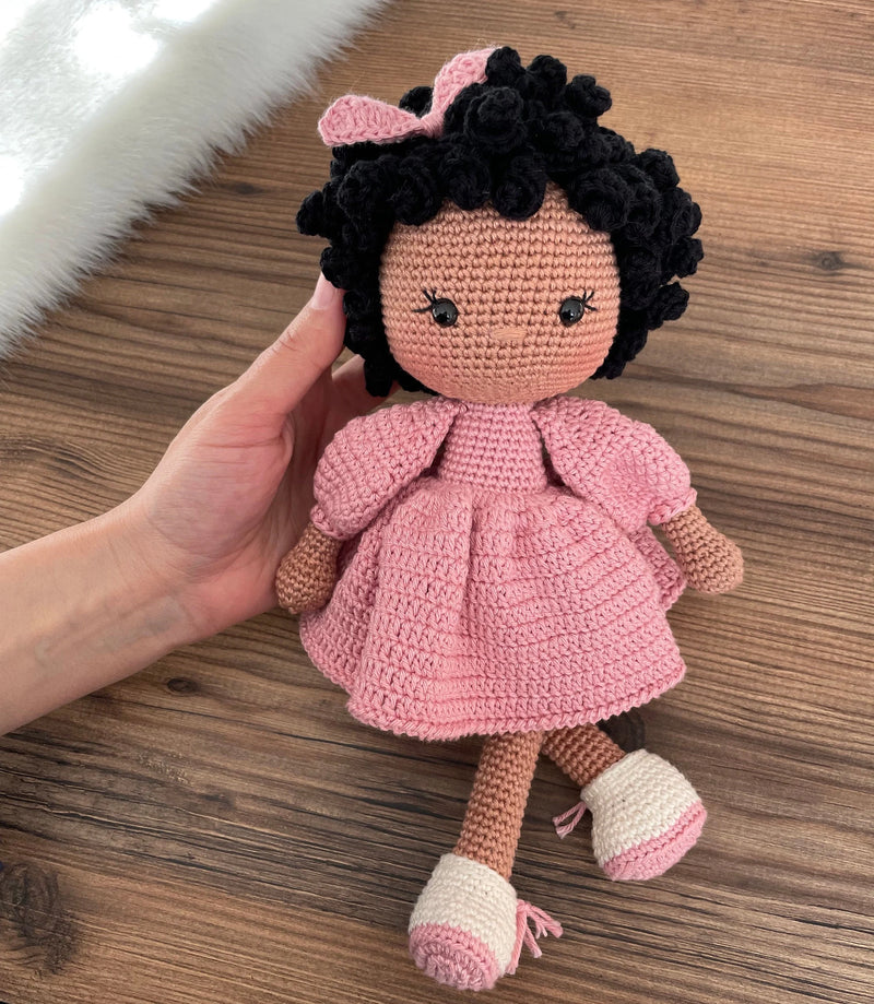 Crochet Pink Dressed Afro-American Curly Girl Doll | Amigurumi Pink Dressed Afro-American Curly Girl Toy