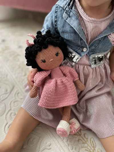 Crochet Pink Dressed Afro-American Curly Girl Doll | Amigurumi Pink Dressed Afro-American Curly Girl Toy