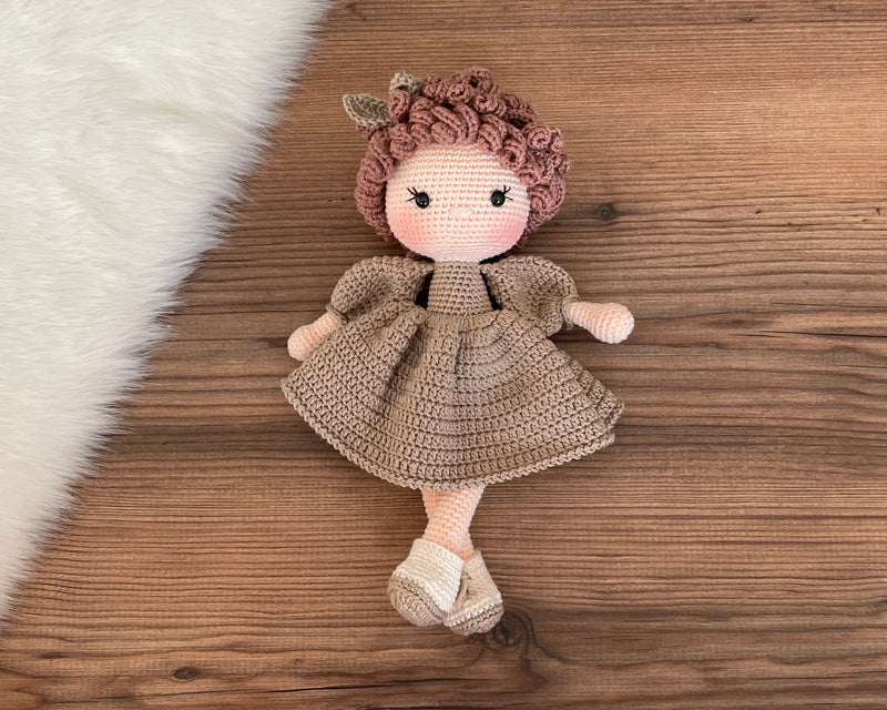 Crochet Khaki Green Dressed Curly Girl Doll | Amigurumi Khaki Green Dressed Curly Girl Toy