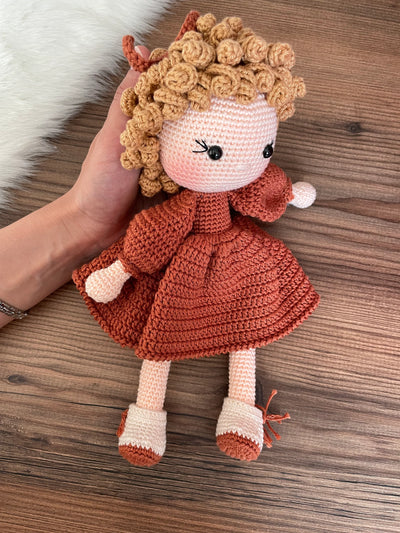 Crochet Brick Color Dressed Curly Girl Doll | Amigurumi Brick Color Dressed Curly Girl Toy