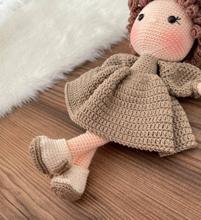 Crochet Khaki Green Dressed Curly Girl Doll | Amigurumi Khaki Green Dressed Curly Girl Toy