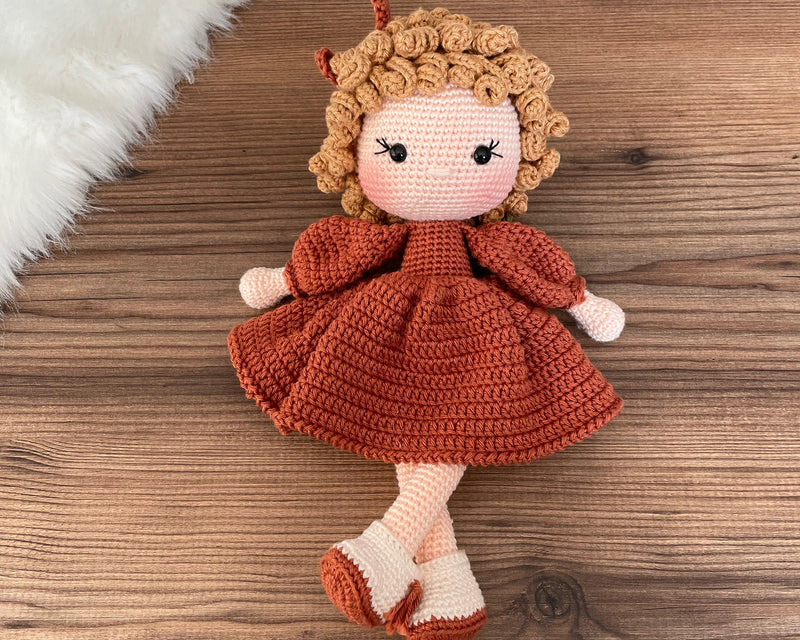 Crochet Brick Color Dressed Curly Girl Doll | Amigurumi Brick Color Dressed Curly Girl Toy