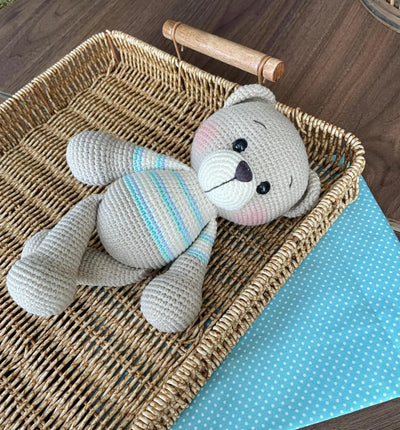 Handmade crocheted Pink/Blue/Green Striped Teddy Bear Toy, customizable with a name on a leather label. These bears are soft and cuddly, made using amigurumi techniques. Perfect for kids, nurseries, or as a personalized gift.