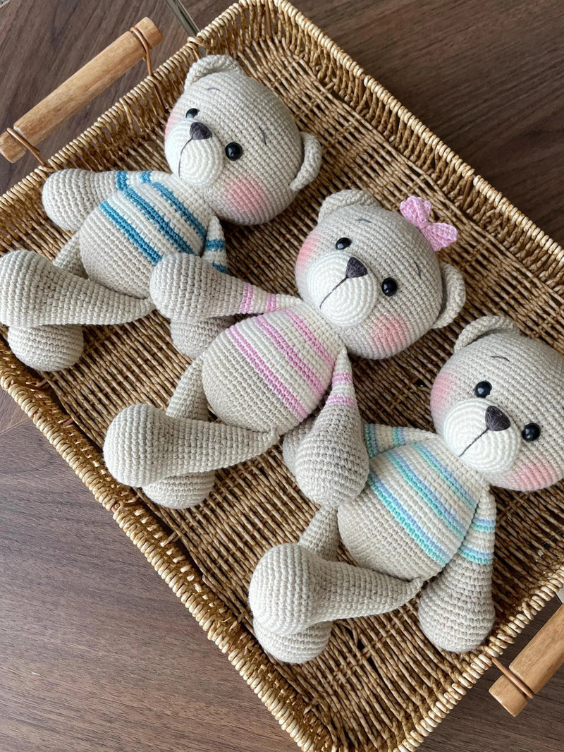 Handmade crocheted Pink/Blue/Green Striped Teddy Bear Toy, customizable with a name on a leather label. These bears are soft and cuddly, made using amigurumi techniques. Perfect for kids, nurseries, or as a personalized gift.