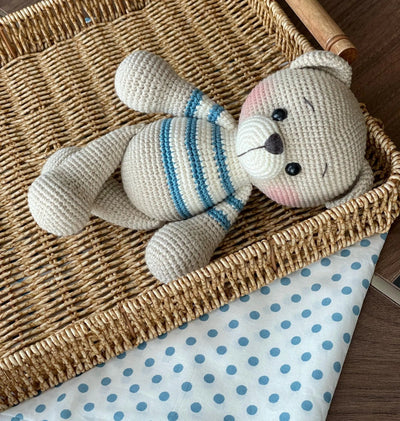 Handmade crocheted Pink/Blue/Green Striped Teddy Bear Toy, customizable with a name on a leather label. These bears are soft and cuddly, made using amigurumi techniques. Perfect for kids, nurseries, or as a personalized gift.